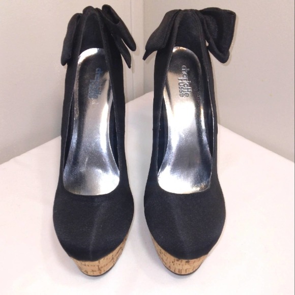 NWT Charlotte Russe 'Paloma' Black and Cork Platform Heels with bow Size 8 - Picture 3 of 12